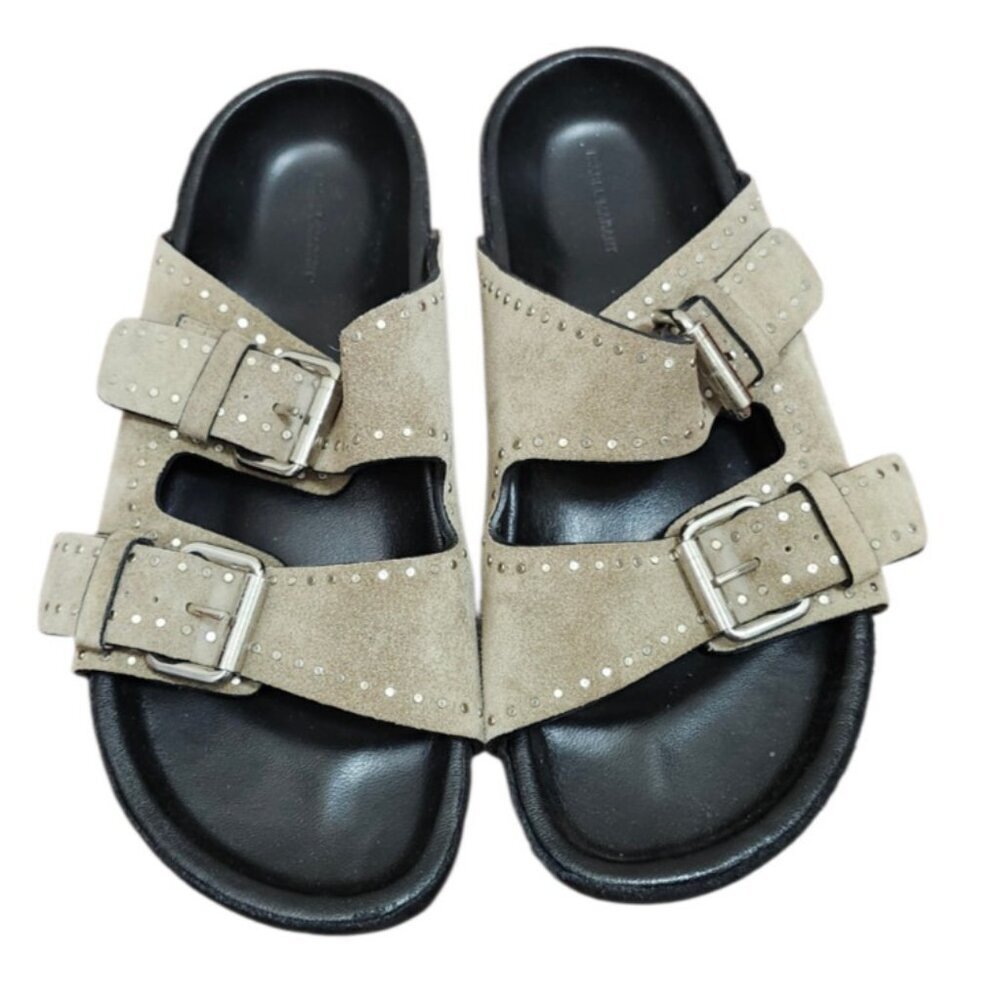 Isabel Marant Suede Studded Slide Sandals Double Buckle Taupe EU 36 - Picture 2 of 16